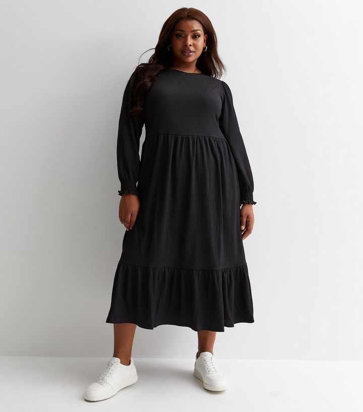 Curves Black Crinkle Jersey Smock Midi Dress | New Look
