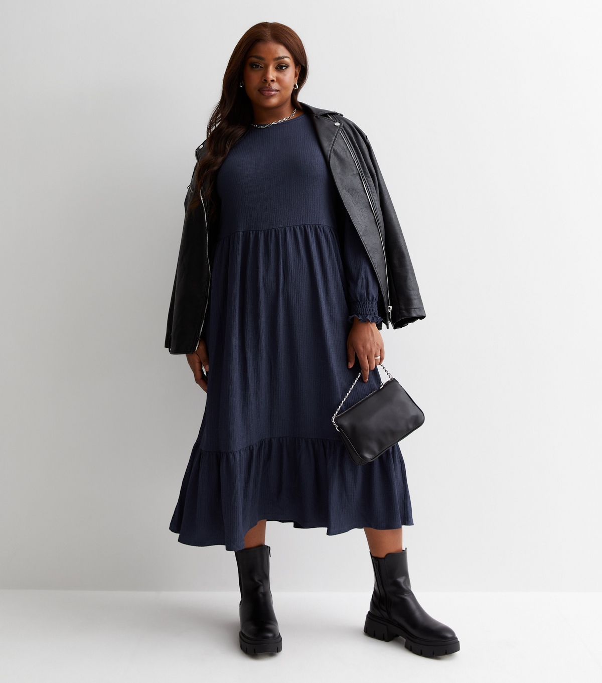 Women's Plus Size Navy Crinkle Jersey Smock Midi Dress Curves New Look