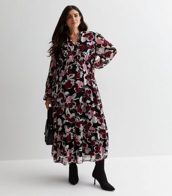Winter Floral Print 3/4 Sleeve Belted 50s Swing Dress With Pockets