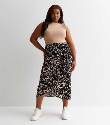 Curves Black Abstract Print Satin Sarong Midaxi Skirt