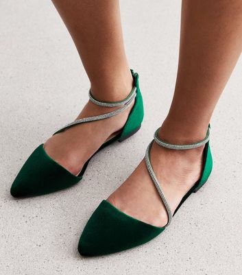 Green velvet store flat shoes