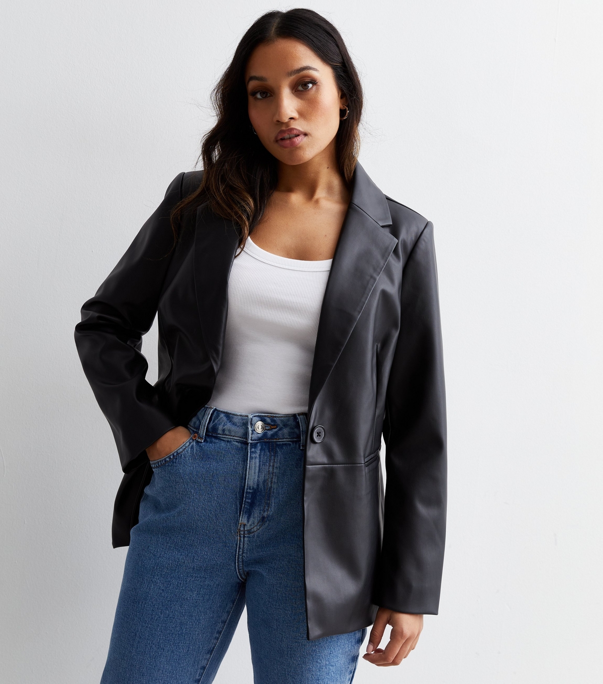 Women's Petite Black Leather-Look Blazer New Look