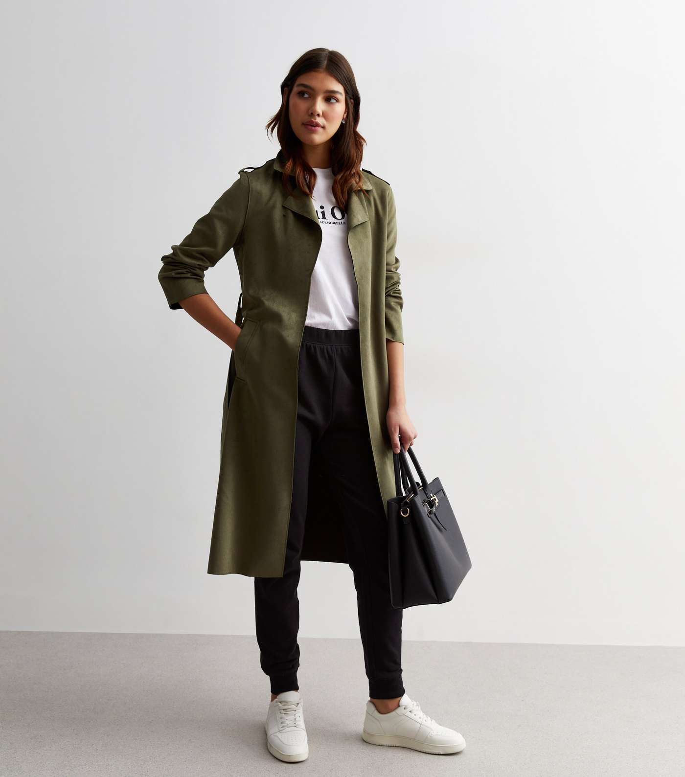 Tall Khaki Suedette Belted Duster Coat Image 3