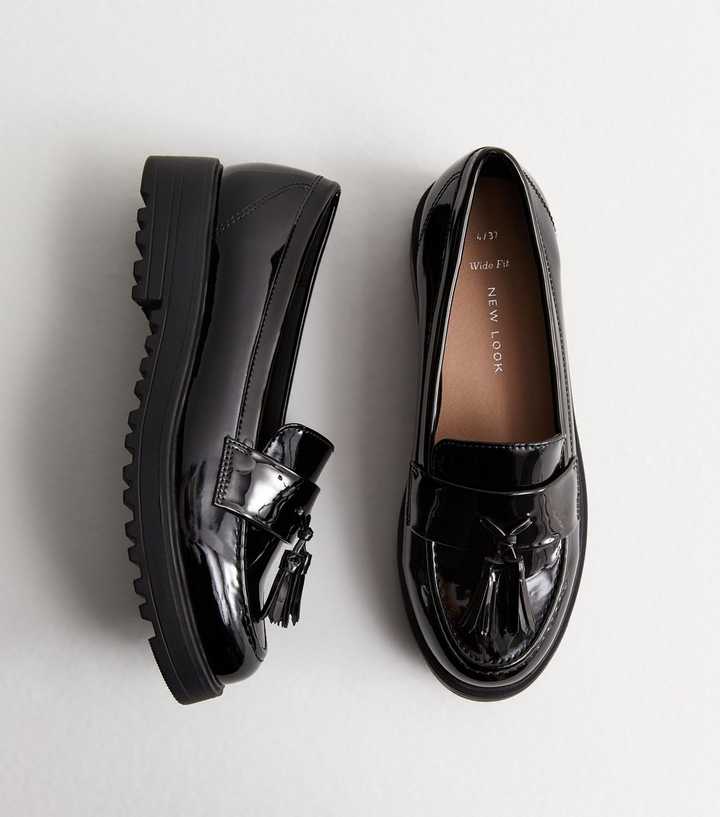 Wide Fit Black Patent Chunky Loafers