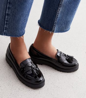 Wide Fit Black Patent Chunky Loafers New Look