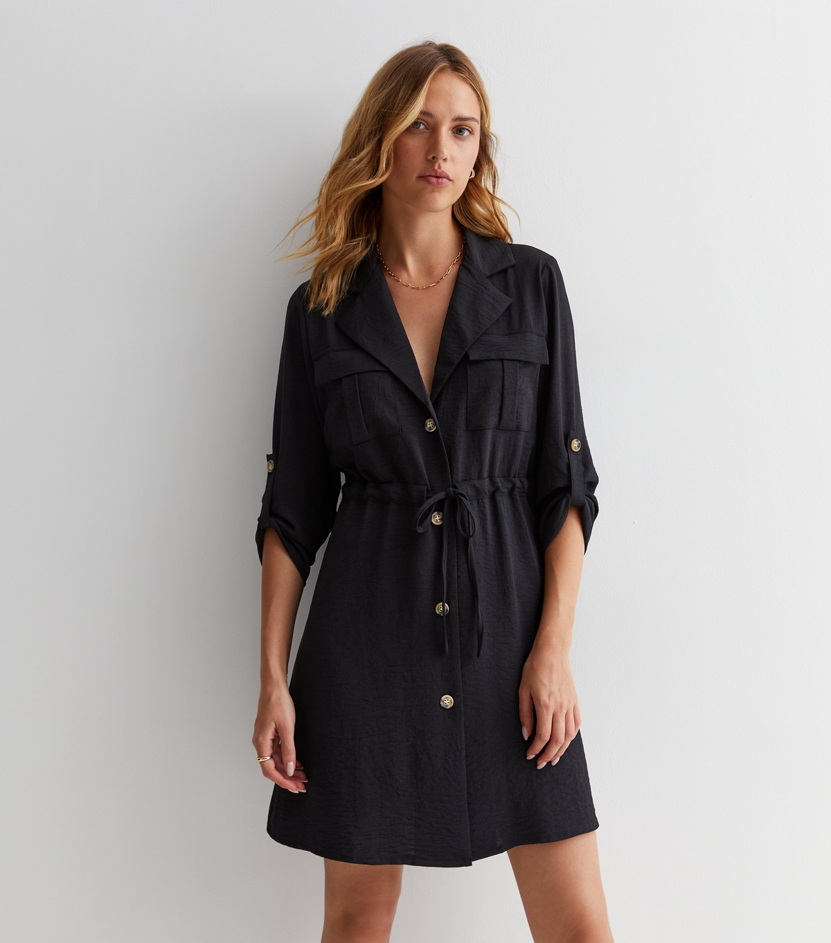 Women's Black 1/2 Sleeve Utility Mini Shirt Dress Cameo Rose New Look
