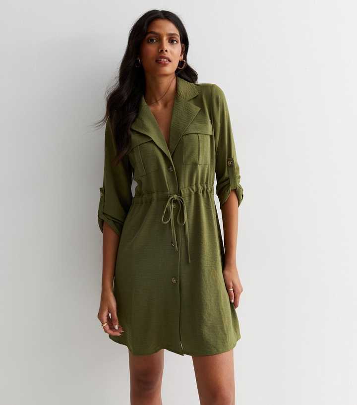 Cameo Rose Khaki 1/2 Sleeve Utility Mini Shirt Dress