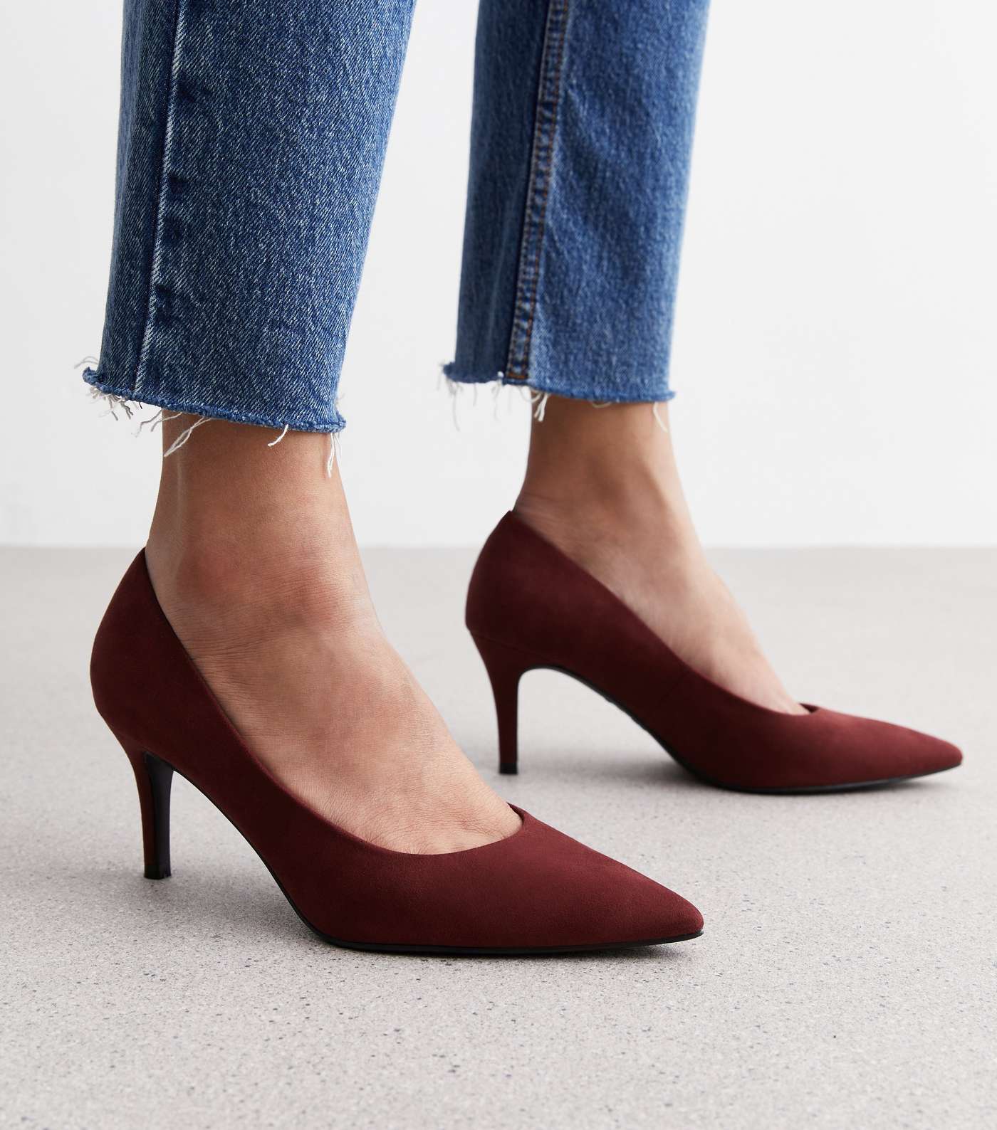 Dark Red Suedette Pointed Stiletto Heel Court Shoes Image 2