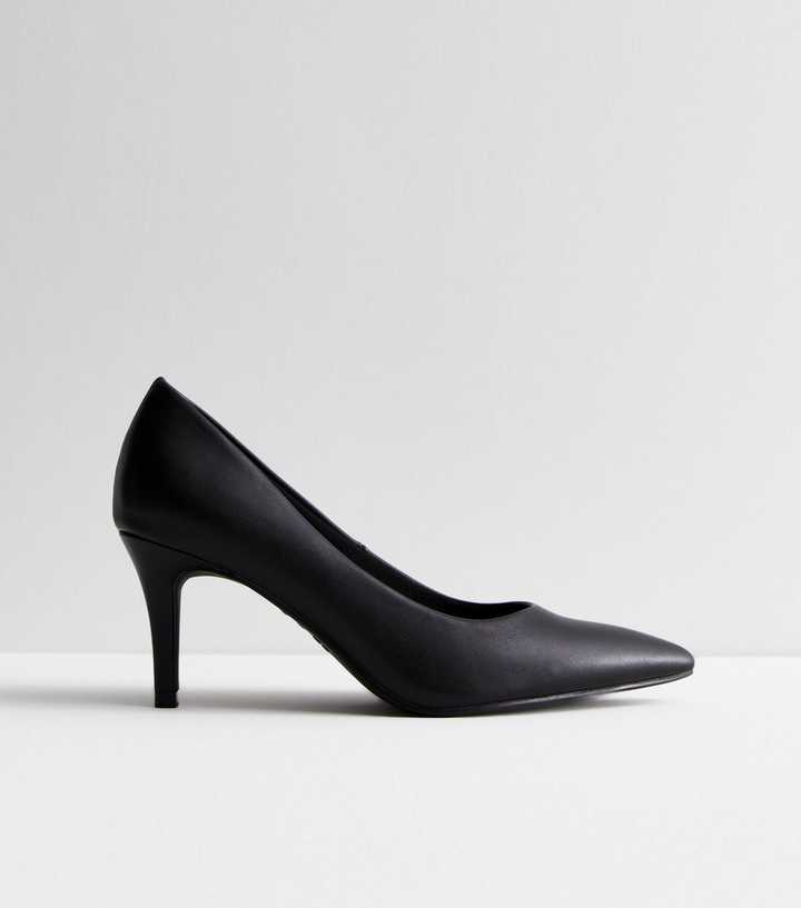 Black Leather-Look Pointed Stiletto Heel Court Shoes