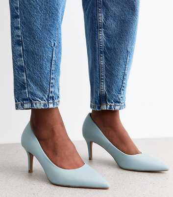 Light Blue Faux Leather Pointed Toe Court Shoes