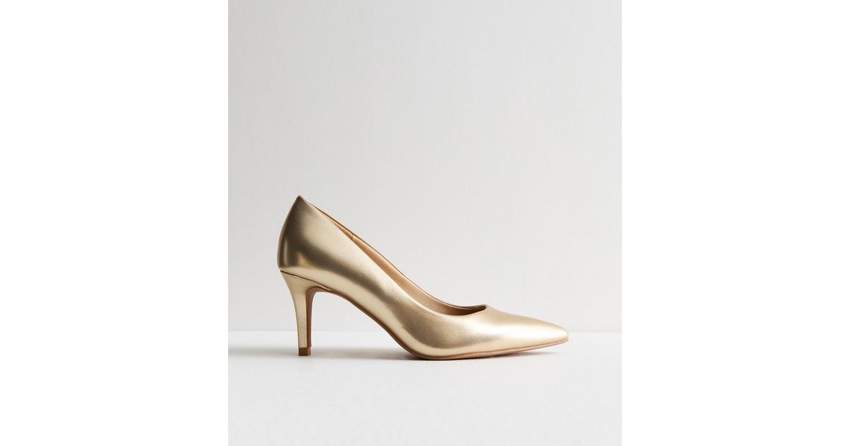 Mid Heel Pale Gold Court Shoes Gold Metallic Pointed Stiletto Heel