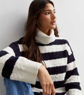 Off White Stripe Cable Knit Roll Neck Jumper