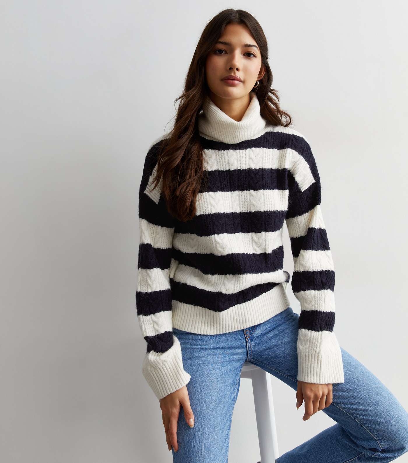 Off White Stripe Cable Knit Roll Neck Jumper Image 2