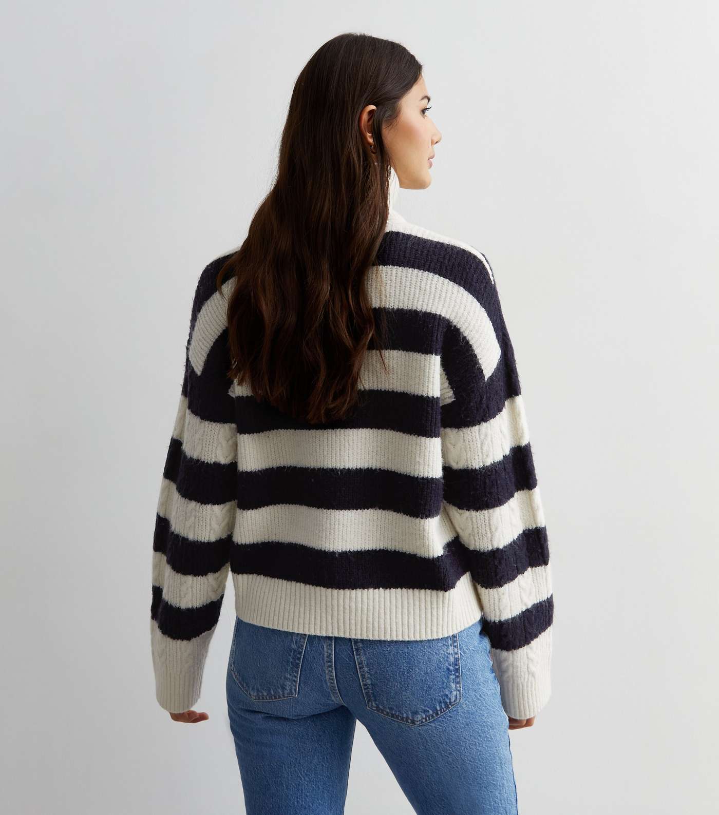 Off White Stripe Cable Knit Roll Neck Jumper Image 4