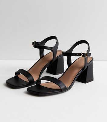 Black Leather-Look 2 Part Block Heel Sandals