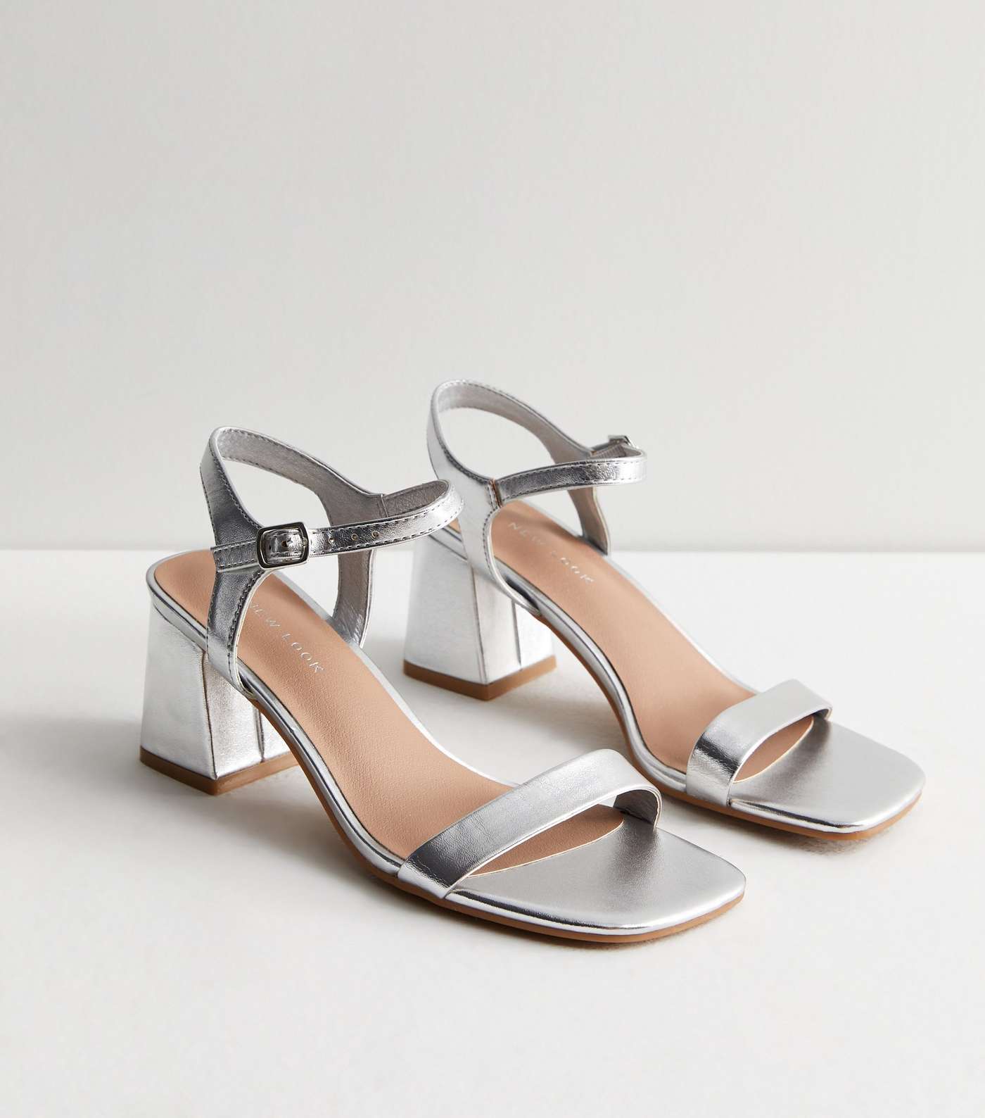 Silver Leather-Look 2 Part Block Heel Sandals Image 3