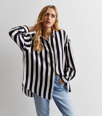 Navy Stripe Longline Shirt | New Look