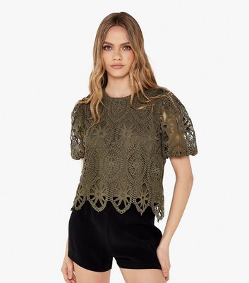 Apricot Olive Lace Puff Sleeve Top New Look