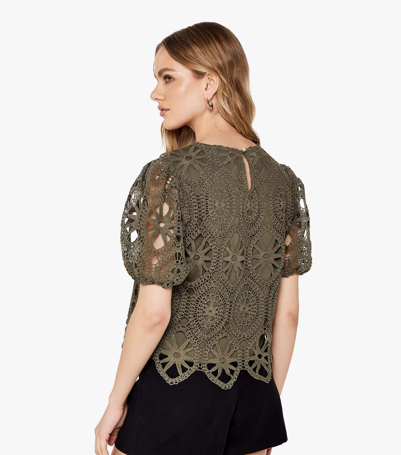 Apricot Olive Lace Puff Sleeve Top Image 3