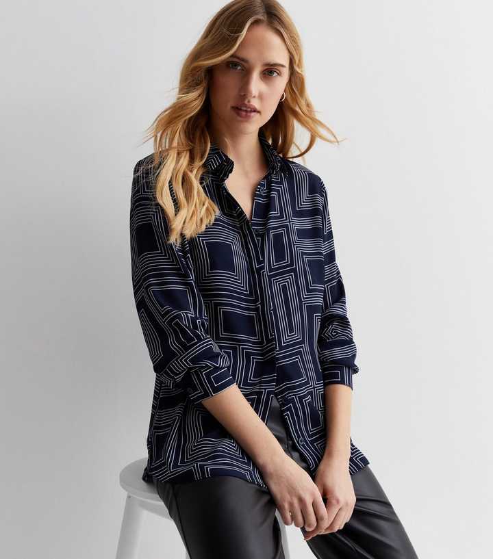 Navy Maze Print Long Sleeve Shirt