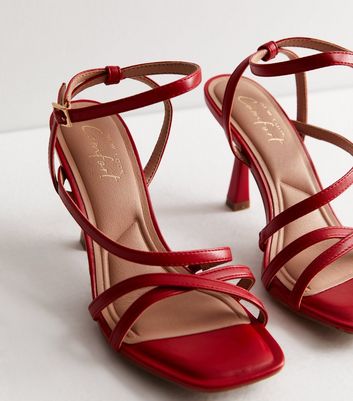 Red Leather Look Strappy Stiletto Heel Sandals New Look