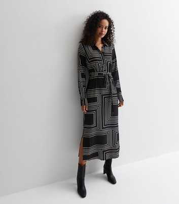 Tall Black Abstract Stripe Print Belted Midi Shirt Dress