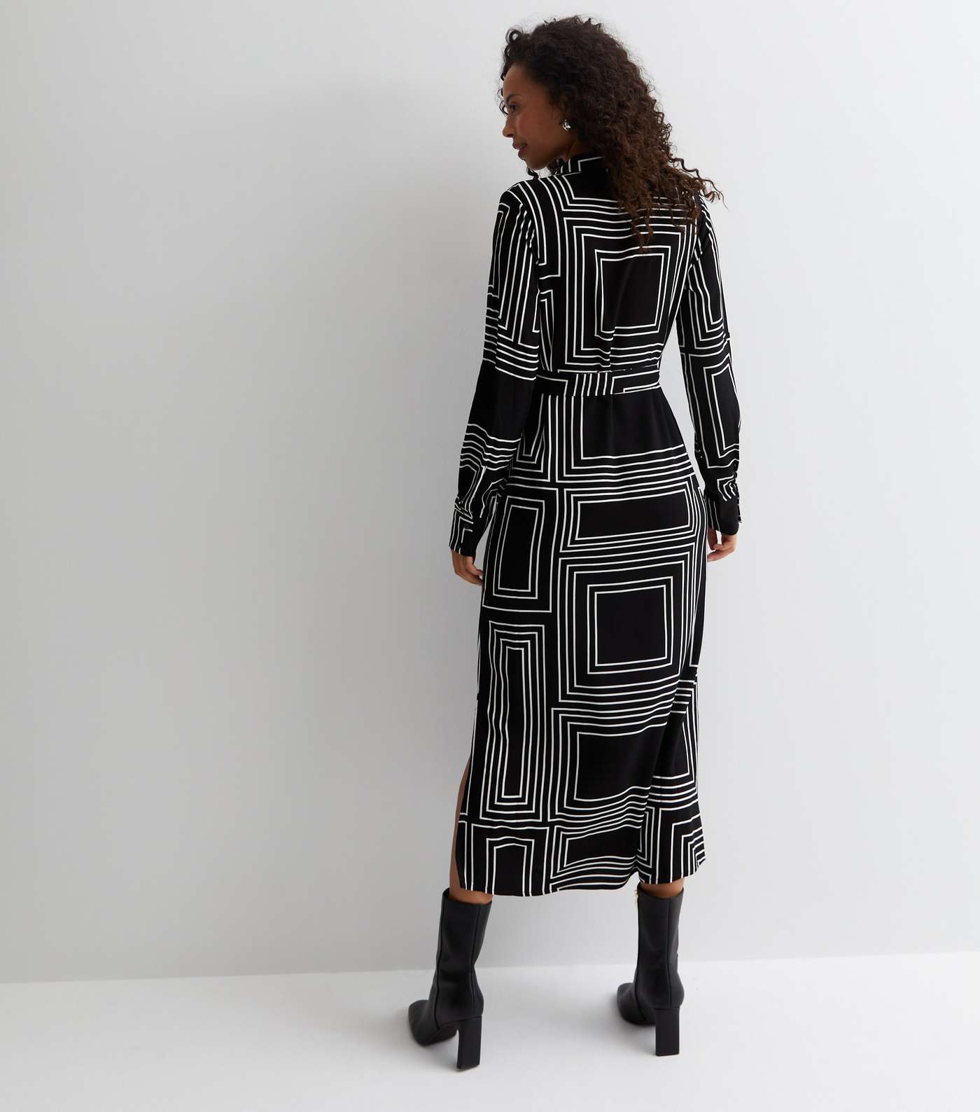 Tall Black Abstract Stripe Print Belted Midi Shirt Dress Image 4