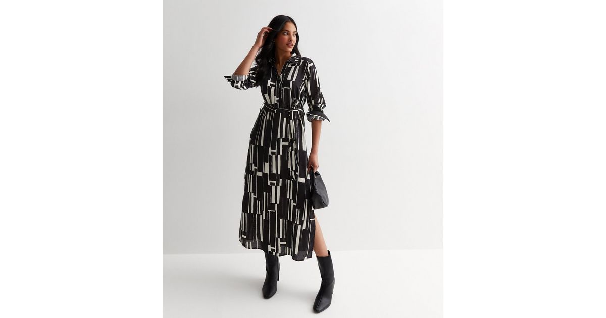 Black Abstract Swirl Print Midi Shirt Dress