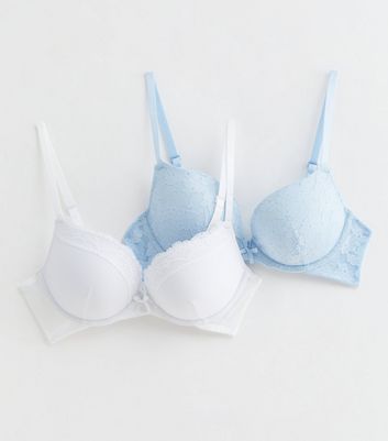 2 Pack Blue and White Lace Push Up Bras New Look