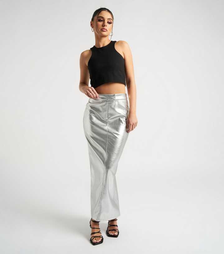 silver metallic maxi skirt