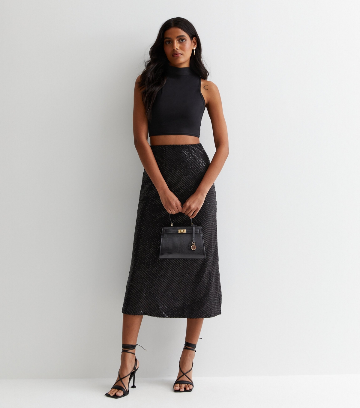 Women's Black Sequin Midi Skirt Gini London New Look