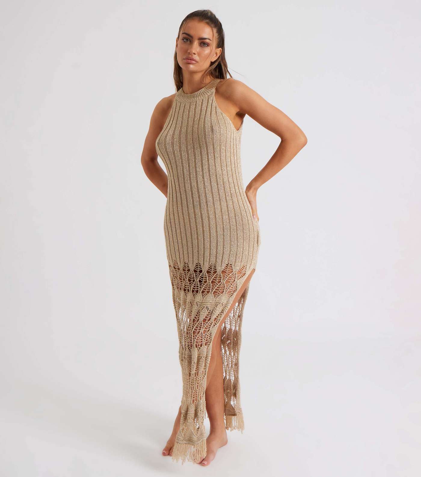 Urban Bliss Gold Crochet Knit Tassel Midaxi Dress Image 2
