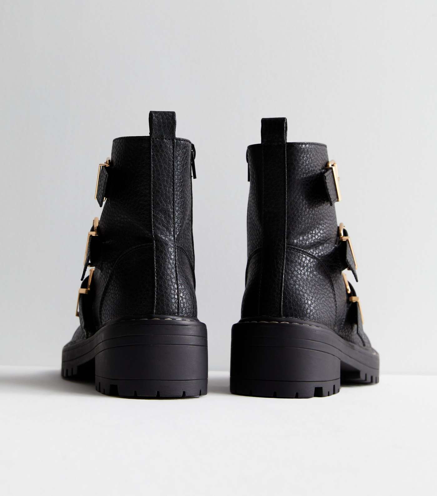 Black Leather-Look Triple Buckle Chunky Biker Boots Image 4