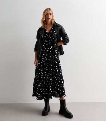 Gini London Black Spot V Neck Tiered Midi Dress New Look