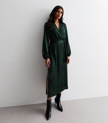 Dark Green Animal Print Collared Wrap Midi Dress New Look