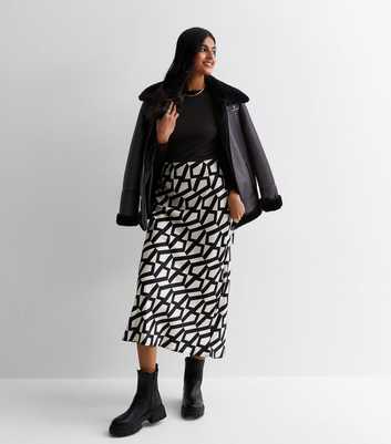 Black Geometric Print Satin Bias Cut Midi Skirt