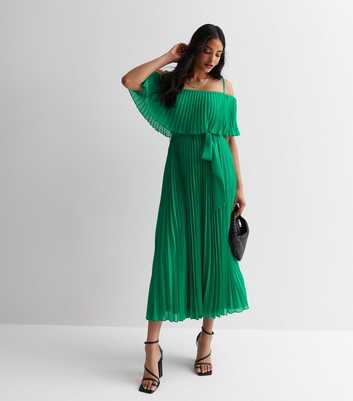 Cutie London Green Pleated Bardot Midaxi Dress