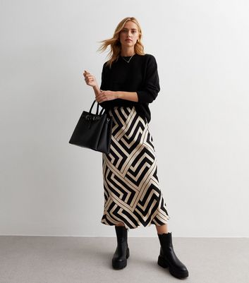 Black Satin Geometric Print Midi Skirt New Look