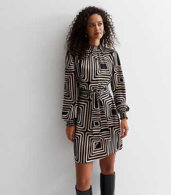 Tall Brown Square Print High Neck Belted Mini Dress