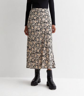 Black Floral Bias Cut Midaxi Skirt New Look