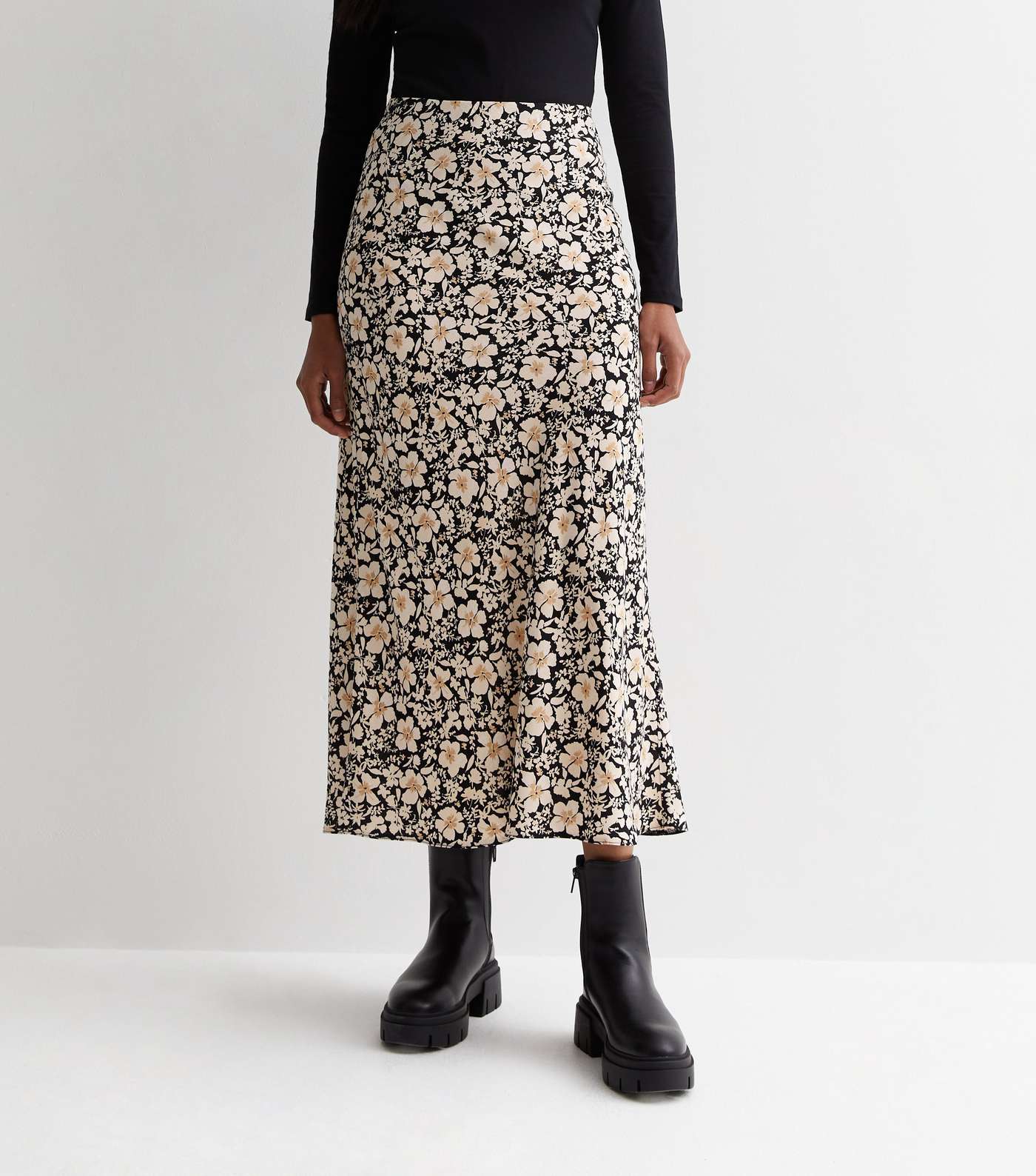 Black Floral Bias Cut Midaxi Skirt Image 2