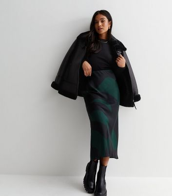 Petite Green Swirl Print Satin Bias Cut Midi Skirt New Look