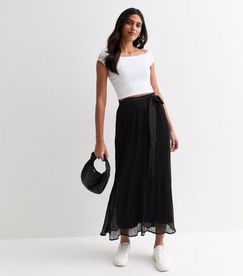 Gini London Black Pleated Belted Maxi Skirt New Look