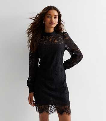 Petite Black Lace High Neck Mini Dress