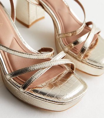 Gold Faux Croc Platform Block Heel Sandals