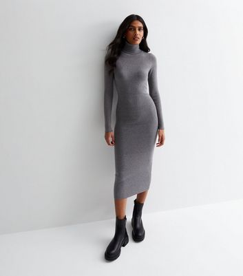 Cameo Rose Grey Knit Roll Neck Midaxi Dress | New Look