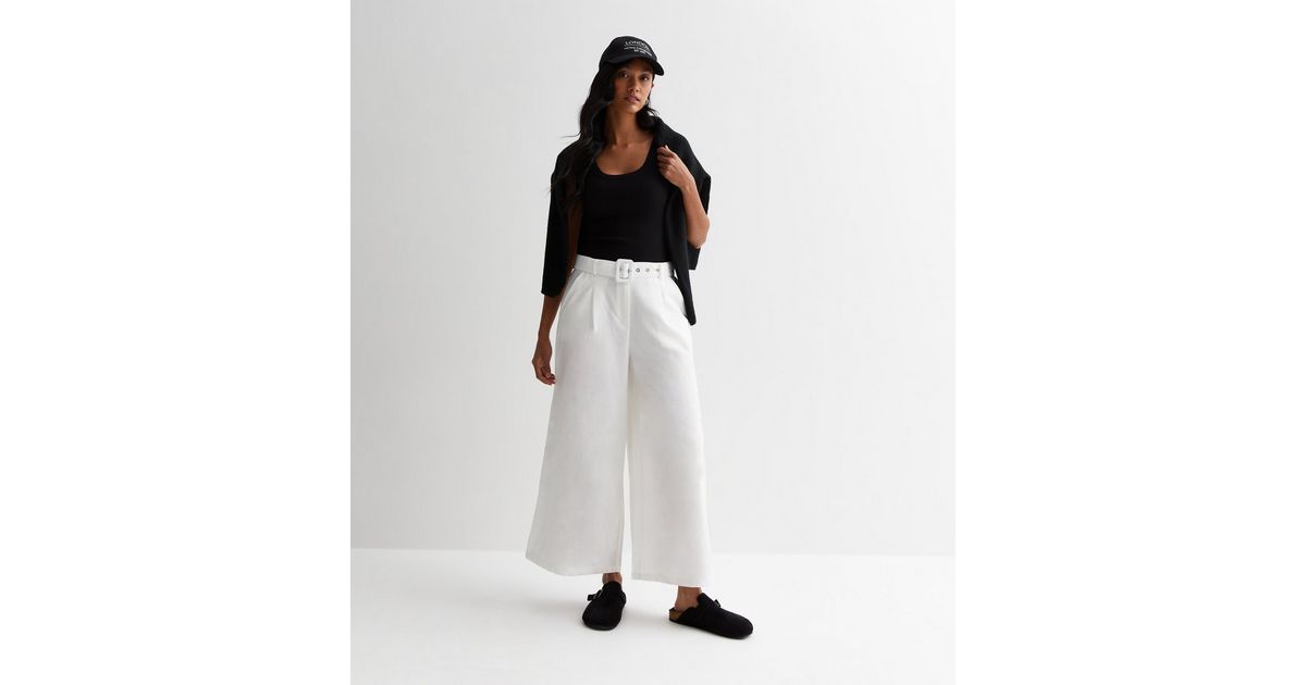 Gini London White Linen-Look Belted Wide Leg Trousers | New Look