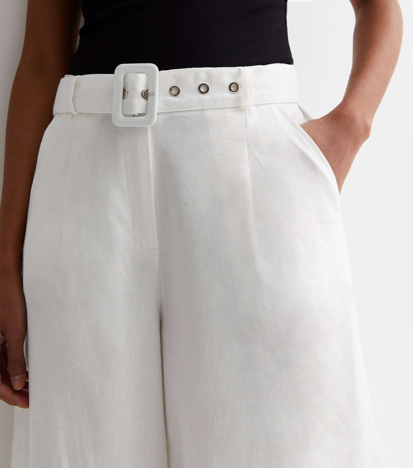 Gini London White Linen-Look Belted Wide Leg Trousers Image 2