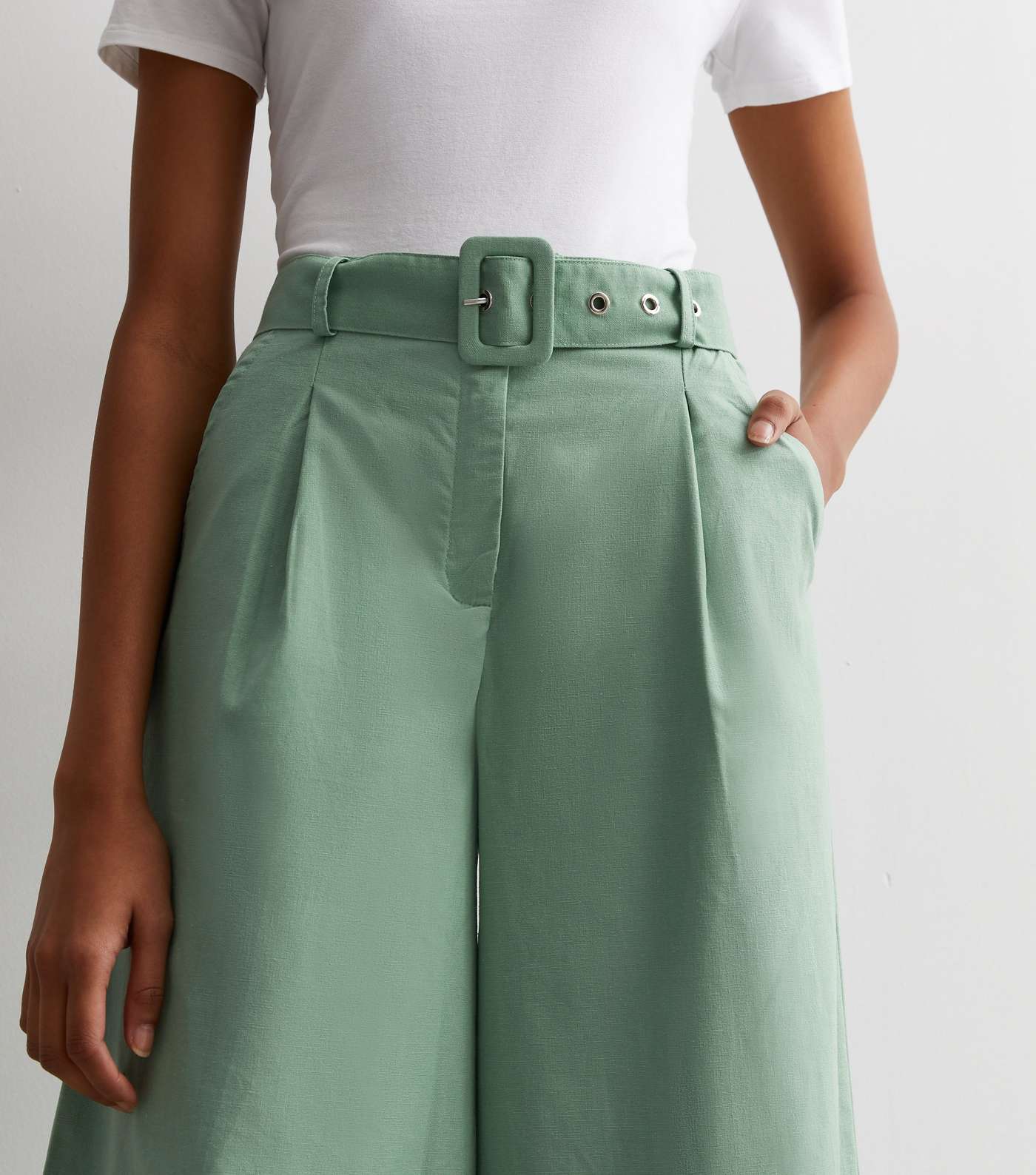 Gini London Green Linen-Look Belted Wide Leg Trousers Image 2