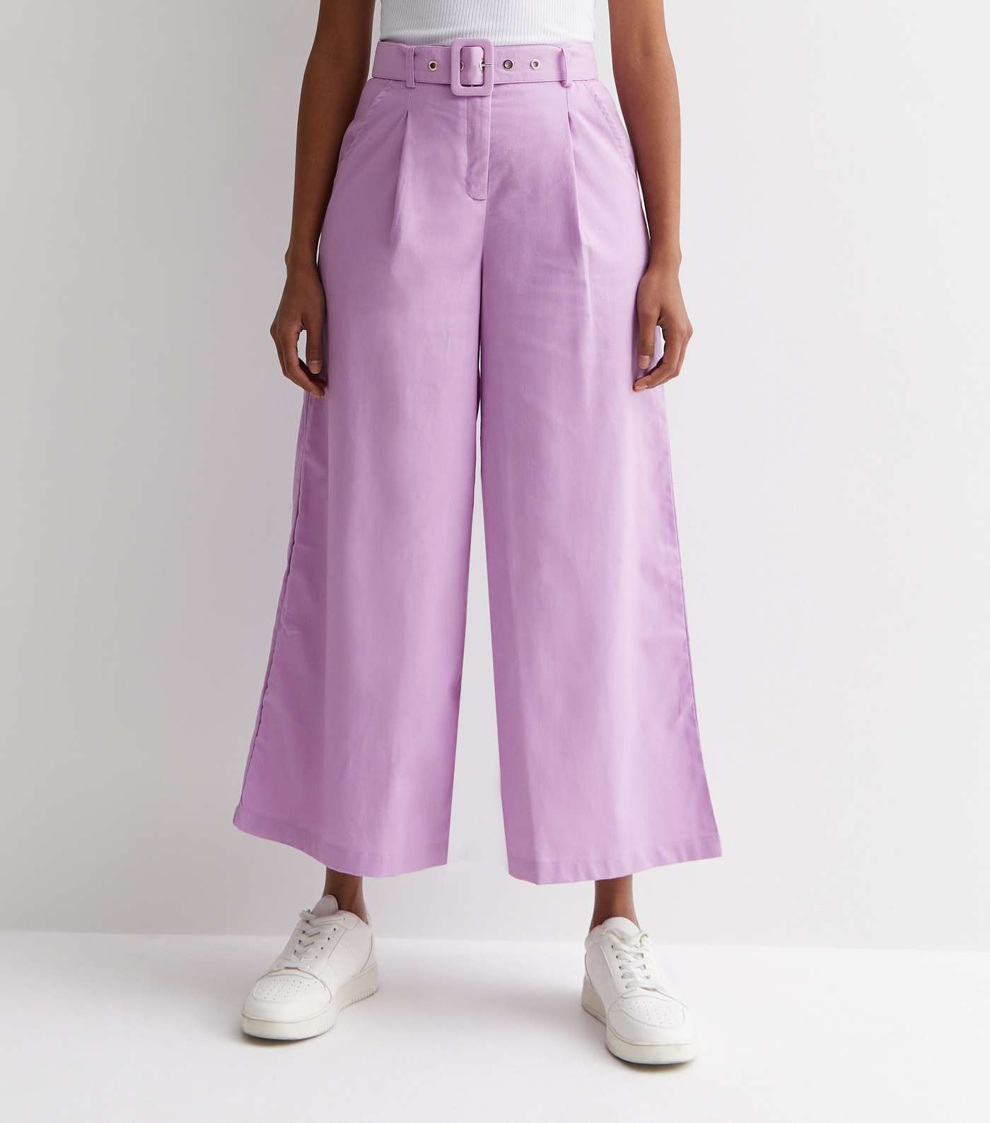 Gini London Lilac Linen-Look Belted Wide Leg Trousers Image 3